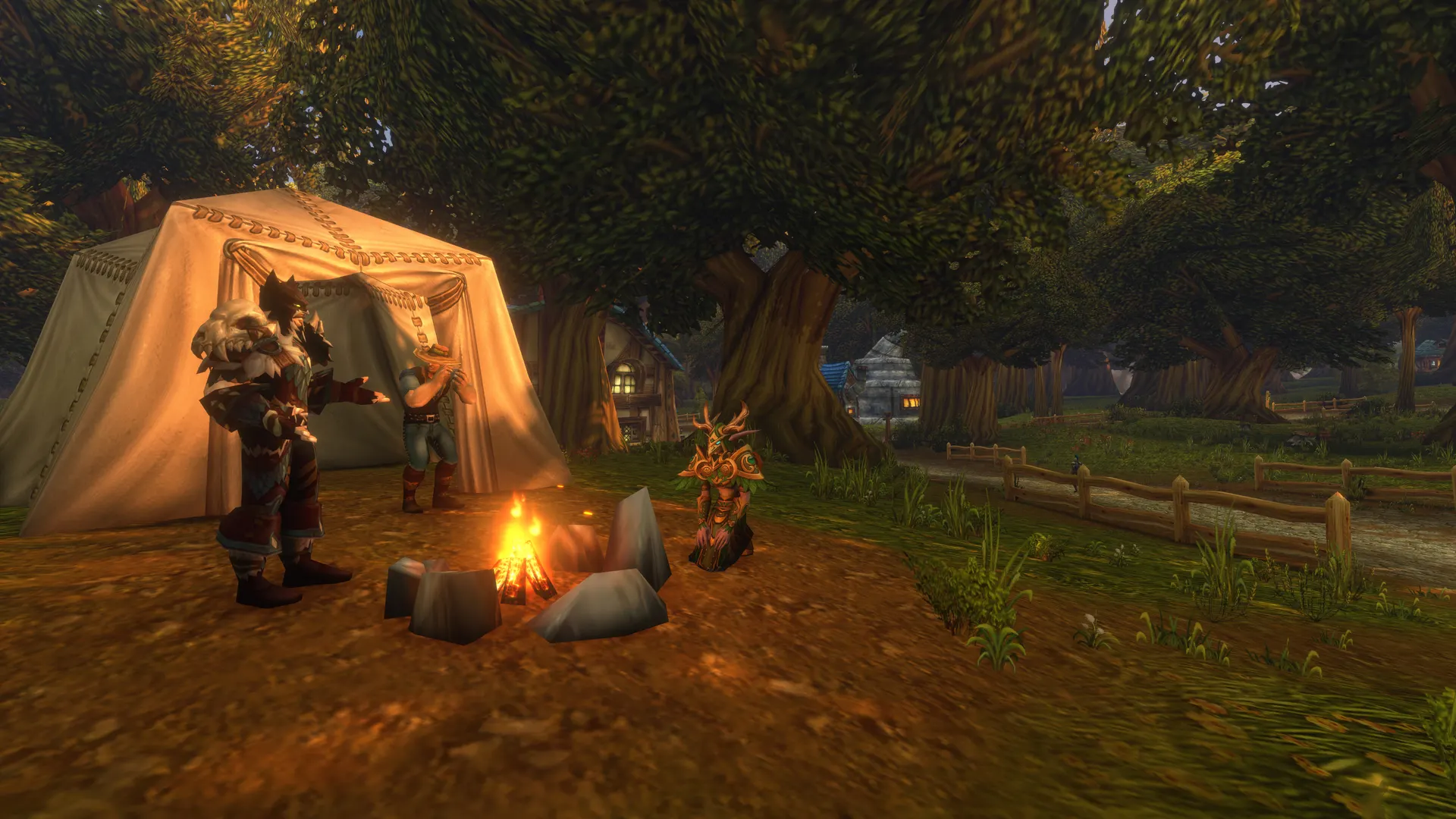 Players gathered around a campfire beside a tent in a forest at dusk